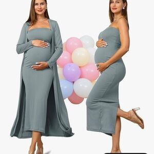 Elegant Maternity Maxi Dress with Cardigan